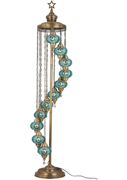 El Yapımı Otantik Mozaik Renkli Cam Lambader Taban Lambası Ayaklı Lambader 11 Camlı 2.1 Metre