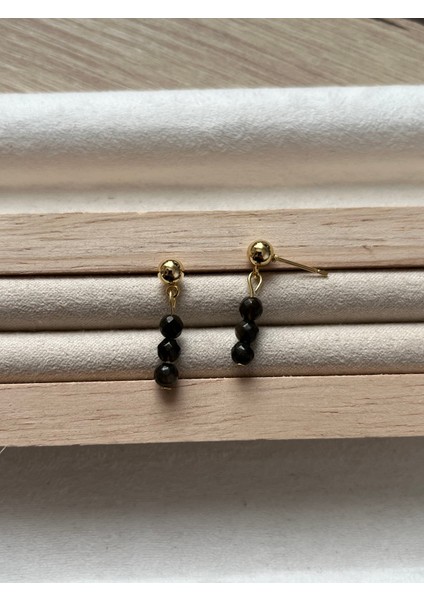 Minimal Obsidyen Taşı Altın Kaplama Top Küpe
