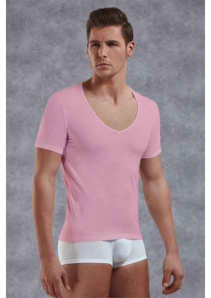 Erkek Modal Derin V Yaka Kısa Kol T Shirt 2820 Pembe