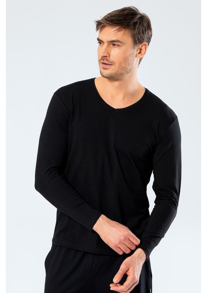 Erkek V Yaka Uzun Kollu T-Shirt 1334/SIYAH