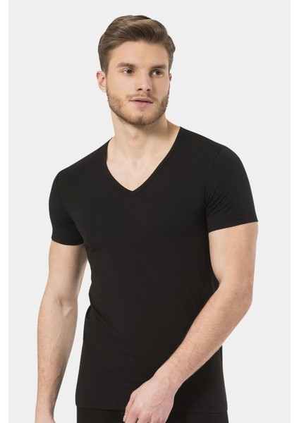 Erkek V Yaka Likralı T-Shirt 172/SIYAH