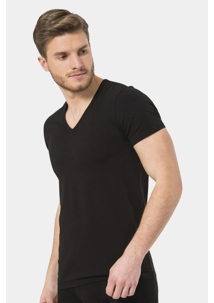 Erkek V Yaka Likralı T-Shirt 172/SIYAH indirimleri