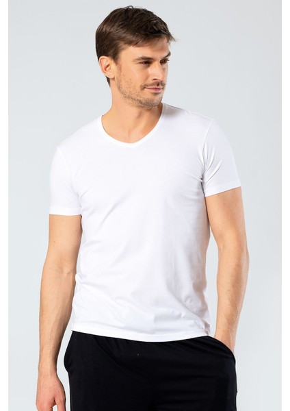Erkek V Yaka Likralı T-Shirt 1332/BEYAZ