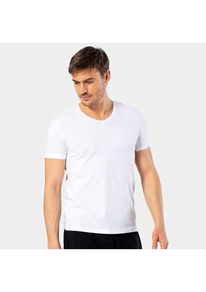 Erkek V Yaka Likralı T-Shirt 1332/BEYAZ modelleri