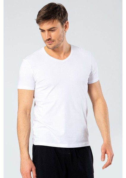 Erkek V Yaka Likralı T-Shirt 1332/BEYAZ indirimleri