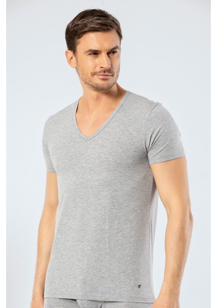 Erkek Derin V Yaka Likralı T-Shirt 1306/GRI