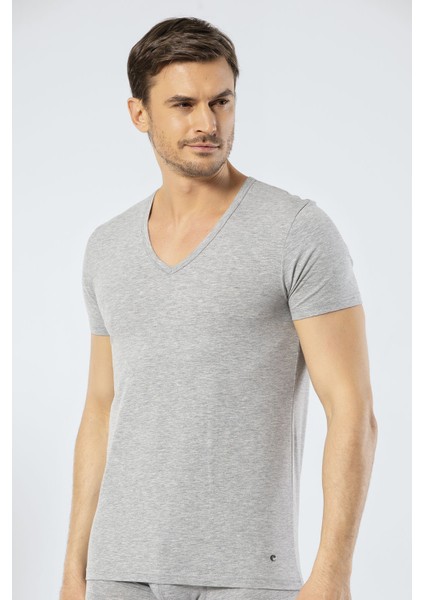 Erkek Derin V Yaka Likralı T-Shirt 1306/GRI