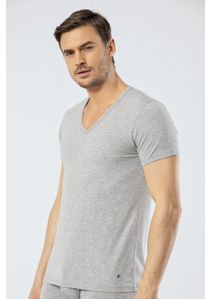Erkek Derin V Yaka Likralı T-Shirt 1306/GRI