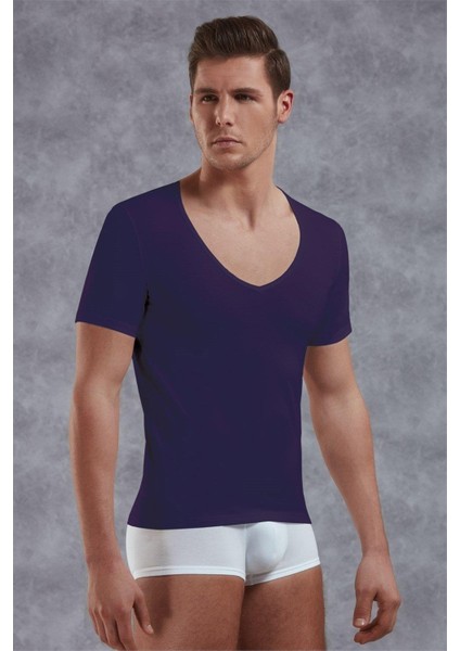 Erkek Modal Derin V Yaka Kısa Kol T Shirt 2820 Mor