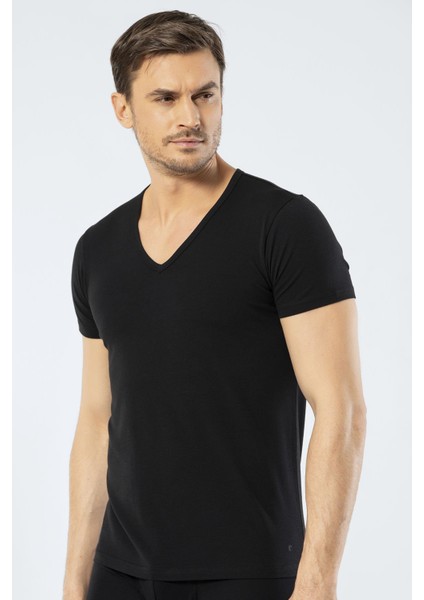 Erkek Derin V Yaka Likralı T-Shirt 1306/SIYAH