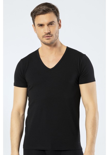 Erkek Derin V Yaka Likralı T-Shirt 1306/SIYAH fiyatları