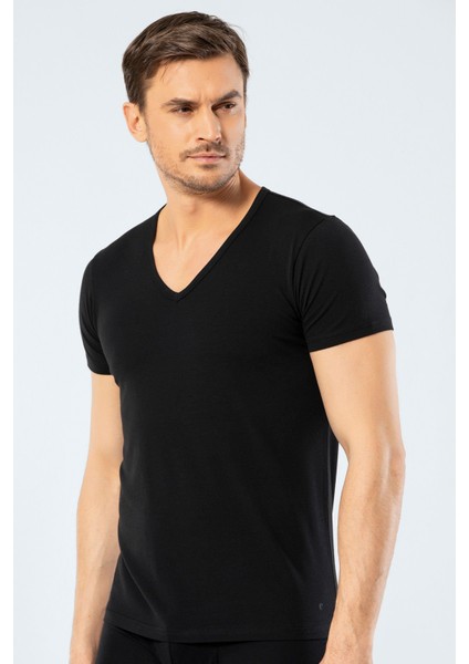 Erkek Derin V Yaka Likralı T-Shirt 1306/SIYAH indirimleri