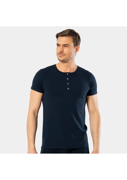 Erkek Bisiklet Yaka Düğmeli T-Shirt 1308/LACIVERT