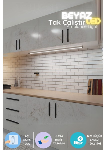 Mutfak Tezgah Altı LED Işık Bar Aç Kapa Beyaz Yapışkanlı 1 Metre - Lambader Lbeyaz1
