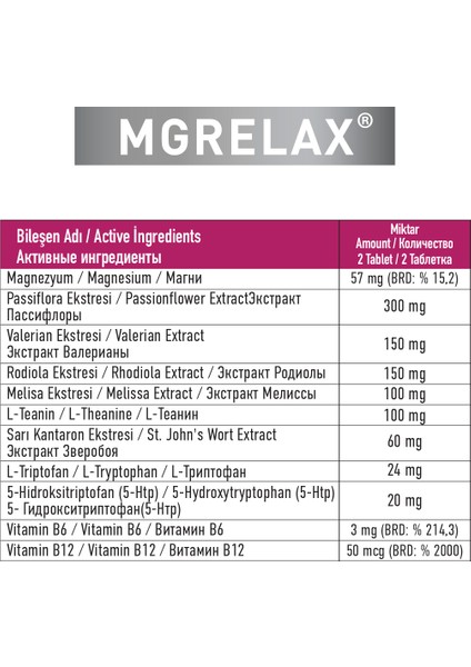 Mgrelax Magnezyum L-Theronat ,pasiflora 30 Tb