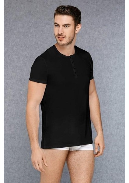 Siyah Erkek Micro Modal Düğmeli Yuvarlak Yaka Kısa Kol T Shirt 2565
