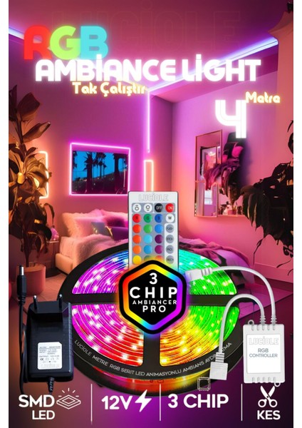 4 mt Şerit LED Animasyonlu Tak Çalıştır Kumandalı Rgb Işık Duvar Aydınlatma Ambiyans Lambader