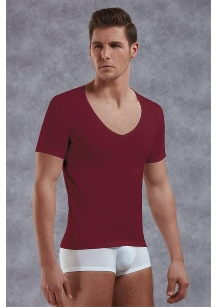 Erkek Modal Derin V Yaka Kısa Kol T Shirt 2820 Bordo