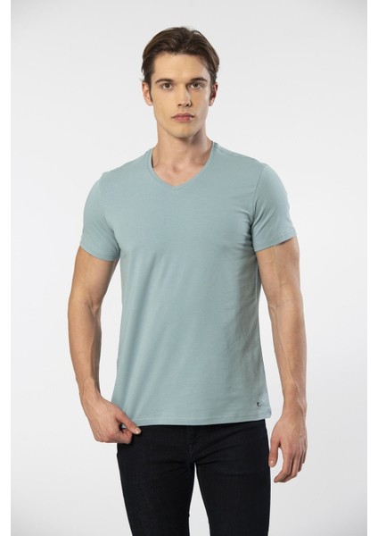 Erkek V Yaka Likralı T-Shirt 1332/YEŞİL1