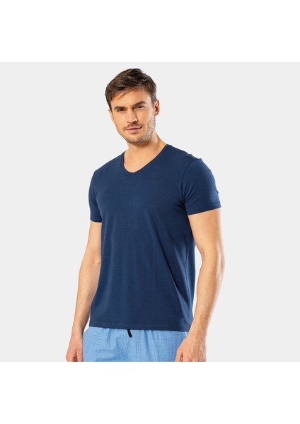 Erkek V Yaka Likralı T-Shirt 1332/İNDIGO fiyatları