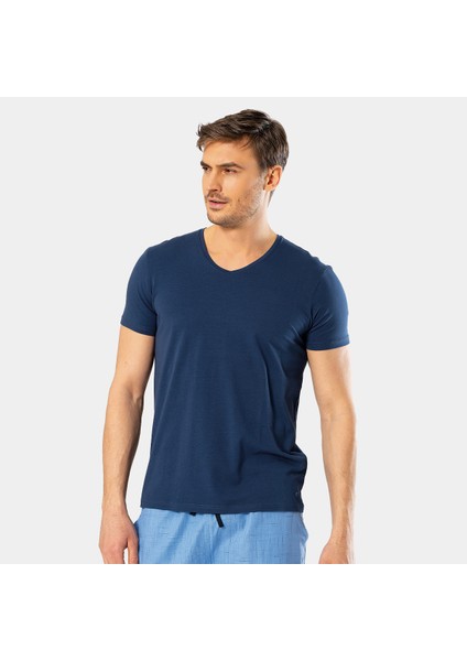 Erkek V Yaka Likralı T-Shirt 1332/İNDIGO modelleri