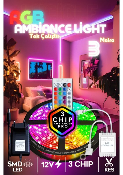3 mt Şerit LED Animasyonlu Tak Çalıştır Kumandalı Rgb Işık Duvar Aydınlatma Ambiyans Lambader