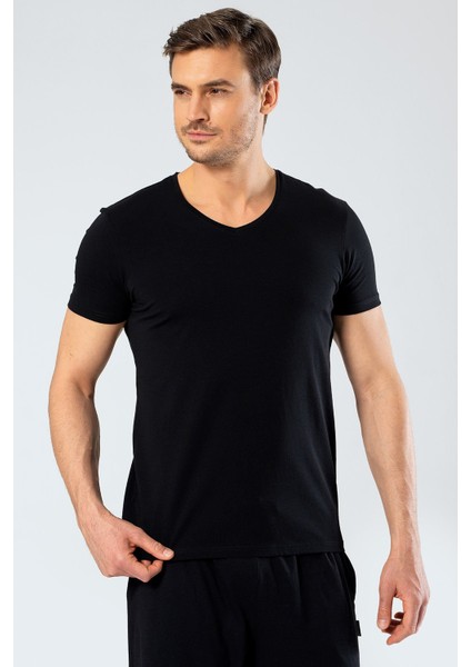 Erkek V Yaka Likralı T-Shirt 1332/SIYAH