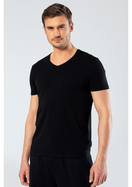 Erkek V Yaka Likralı T-Shirt 1332/SIYAH