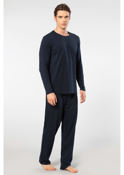 Erkek Bisiklet Yaka Uzun Kollu Modal Pijama Takımı 2244/LACIVERT