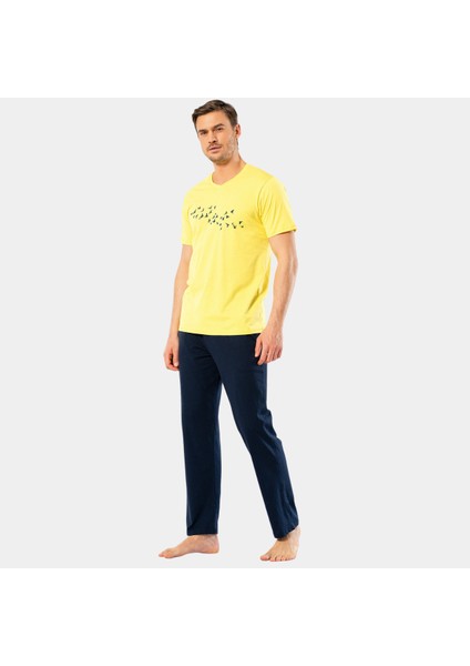 Erkek Baskılı V Yaka Pantolon Pijama Takım 4135/SARI indirimleri