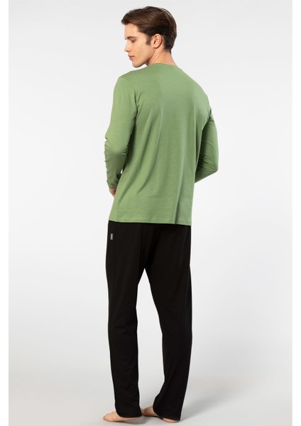 Erkek Bisiklet Yaka Uzun Kollu Modal Pijama Takımı 2244/YEŞIL