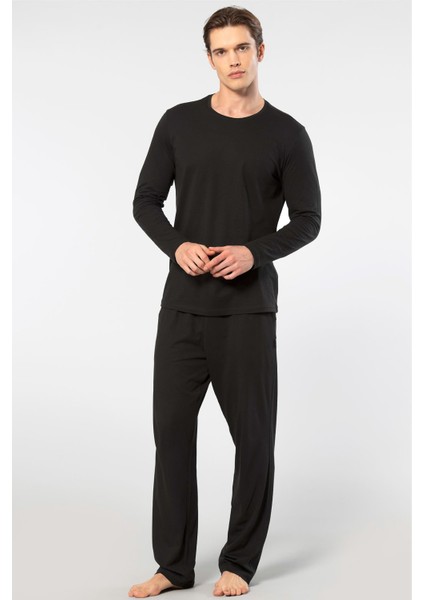 Erkek Bisiklet Yaka Uzun Kollu Modal Pijama Takım 2244/SIYAH