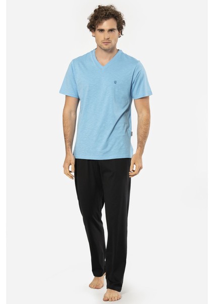 Erkek Şantuklu V Yaka Nakışlı Kısa Kollu Pijama 2137/MAVI