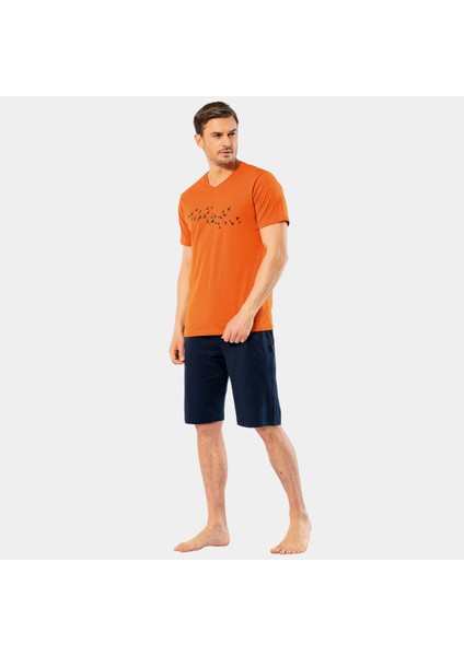 Erkek Baskılı V Yaka Bermuda Şort Pijama Takım 4136/KIREMIT
