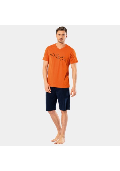 Erkek Baskılı V Yaka Bermuda Şort Pijama Takım 4136/KIREMIT