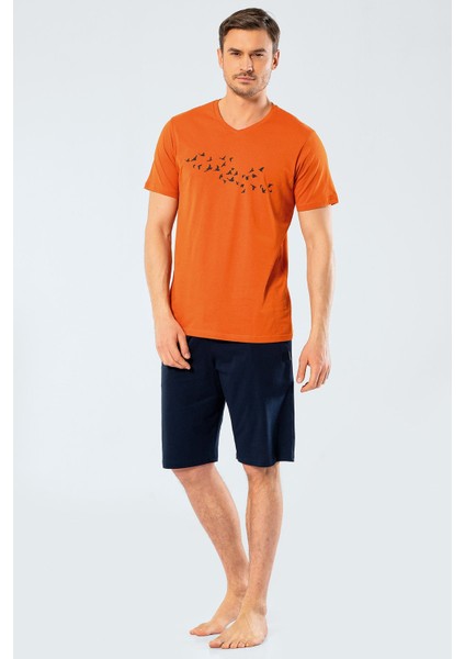 Erkek Baskılı V Yaka Bermuda Şort Pijama Takım 4136/KIREMIT