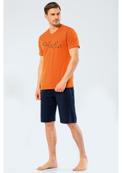 Erkek Baskılı V Yaka Bermuda Şort Pijama Takım 4136/KIREMIT