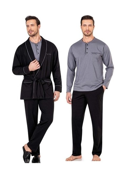 5605 3'lü Röpteşambır Pijama Seti - Siyah