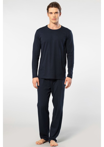 Erkek Bisiklet Yaka Uzun Kollu Modal Pijama Takımı 2244/LACIVERT