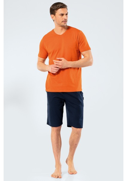 Erkek Nakışlı V Yaka Bermuda Şort Takım 2206/KIREMIT