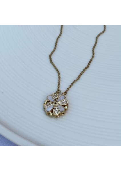 Sedefli Yonca Gold Zincir Çelik Kolye