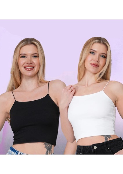 Kadın 2'li Ekonomik Paket Siyah - Beyaz Ip Askılı Crop Atlet Büstiyer Set