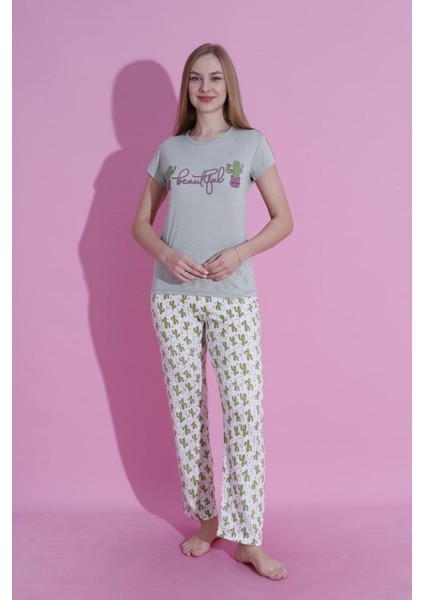 Mlale Beaitiful Desenli Suprem Kumaş Kısa Kollu Bayan Pijama Takımı 3445-Y