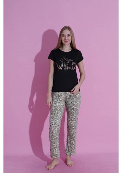 Mlale Stay Wıld Desenli Suprem Kumaş Kısa Kollu Bayan Pijama Takımı 3442-S