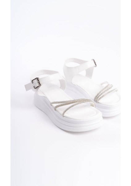 Eva Kalın Tokalı Taşlı Şeritli Ortopedik Taban Kadın Sandalet Bt - Beyaz fırsatları