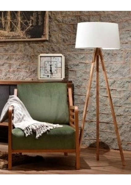 Beyaz Başlıklı Doğal Ağaç Lambader