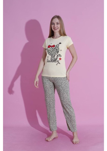 Mlale Kedicik Desenli Suprem Kumaş Kısa Kollu Bayan Pijama Takımı 3443-S