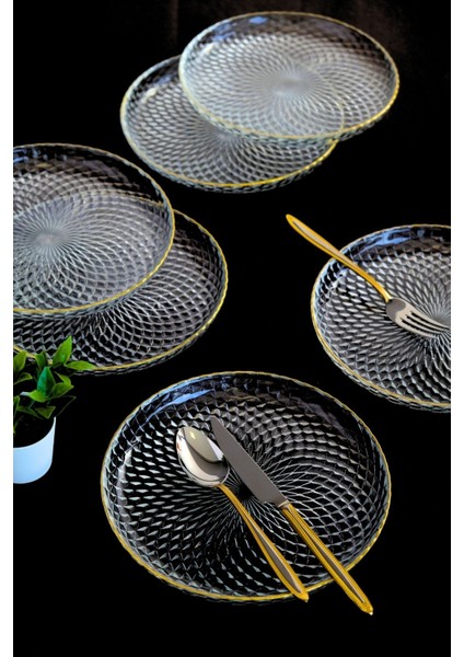 Altın Yaldız Cam Pasta Tabağı 19CM 6 Lı 2339