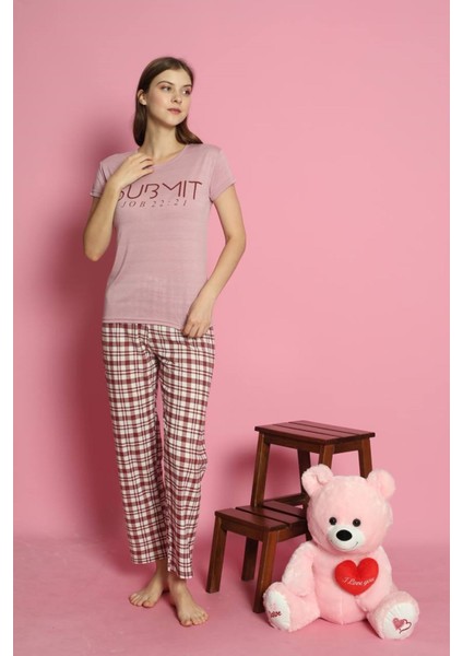 Mlale Submıt Desenli Suprem Kumaş Kısa Kollu Bayan Pijama Takımı 4000-K