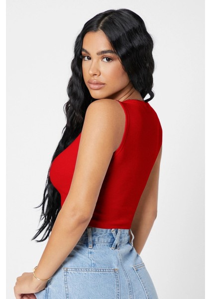 Kadın Kırmızı Kare Yaka Crop Top Bluz